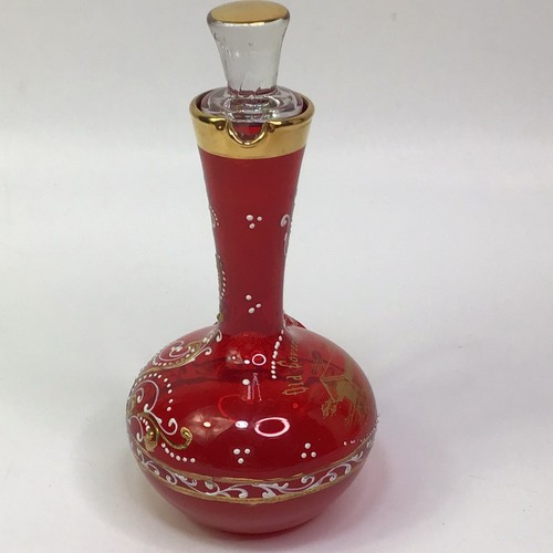 Vintage Ruby Red Glass Decanter OLD COVERED BRIDGE 1776 Stopper Handpainted Gilt - Picture 6 of 14