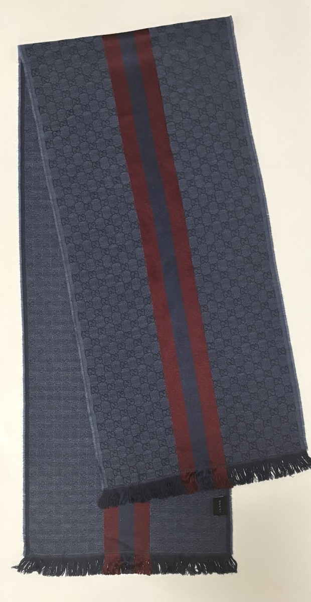 GUCCI GG MONOGRAM STRIPE SCARF BLUE/RED Wool And Silk