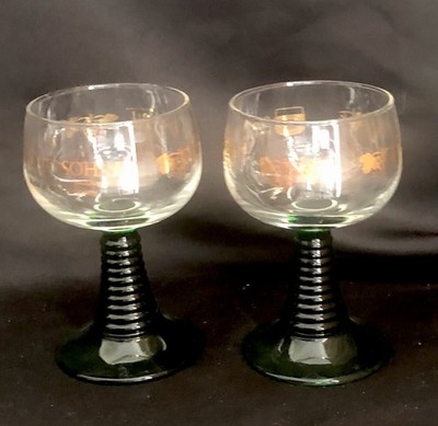 2 German Roemer Gold Grapes Green Stem Wine Glasses Schmidt-Sohne W. Germany