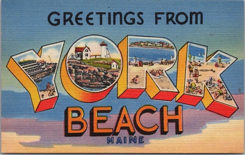 Saludos desde YORK BEACH Maine Carta Grande Postal Tichnor LINO / Sin Usar