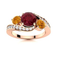 5MM Round Shape Ruby  Citrine 925 Silver Rose Plated Three Stone Women Ring