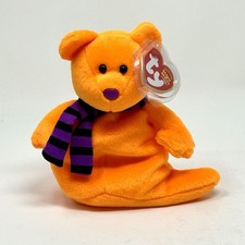 Ty Beanie Babies Orange Ghost Bear Shivers with Purple Nose Scarf MWMT Halloween