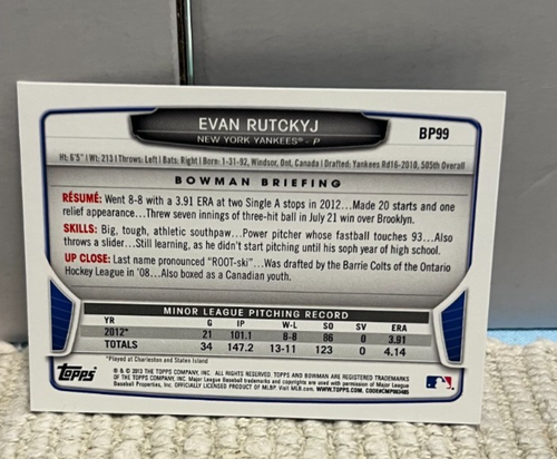 Evan Rutckyj Baseball Card #BP99 2013 Bowman New York Yankees - Picture 2 of 2