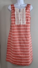 Talbots Womens Linen Sleeveless Dress 14 Coral Preppy Coastal Stripe Classic NWT