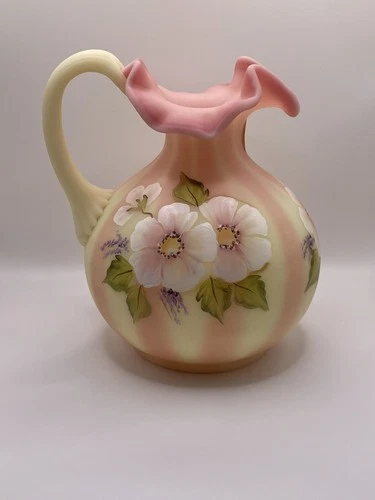 FENTON ART GLASS BURMESE PITCHER HONORING BILL FENTON 56 YRS signed