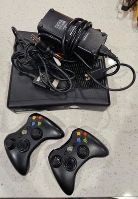 Tested & Working Xbox 360 S Slim Black Model 1439 Console Cords & 2 Controllers 