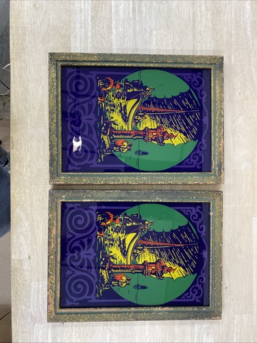 Antique reverse Painting on Glass art gilded Carved Wood Frame Asian Sea SET 2 - Picture 3 of 17