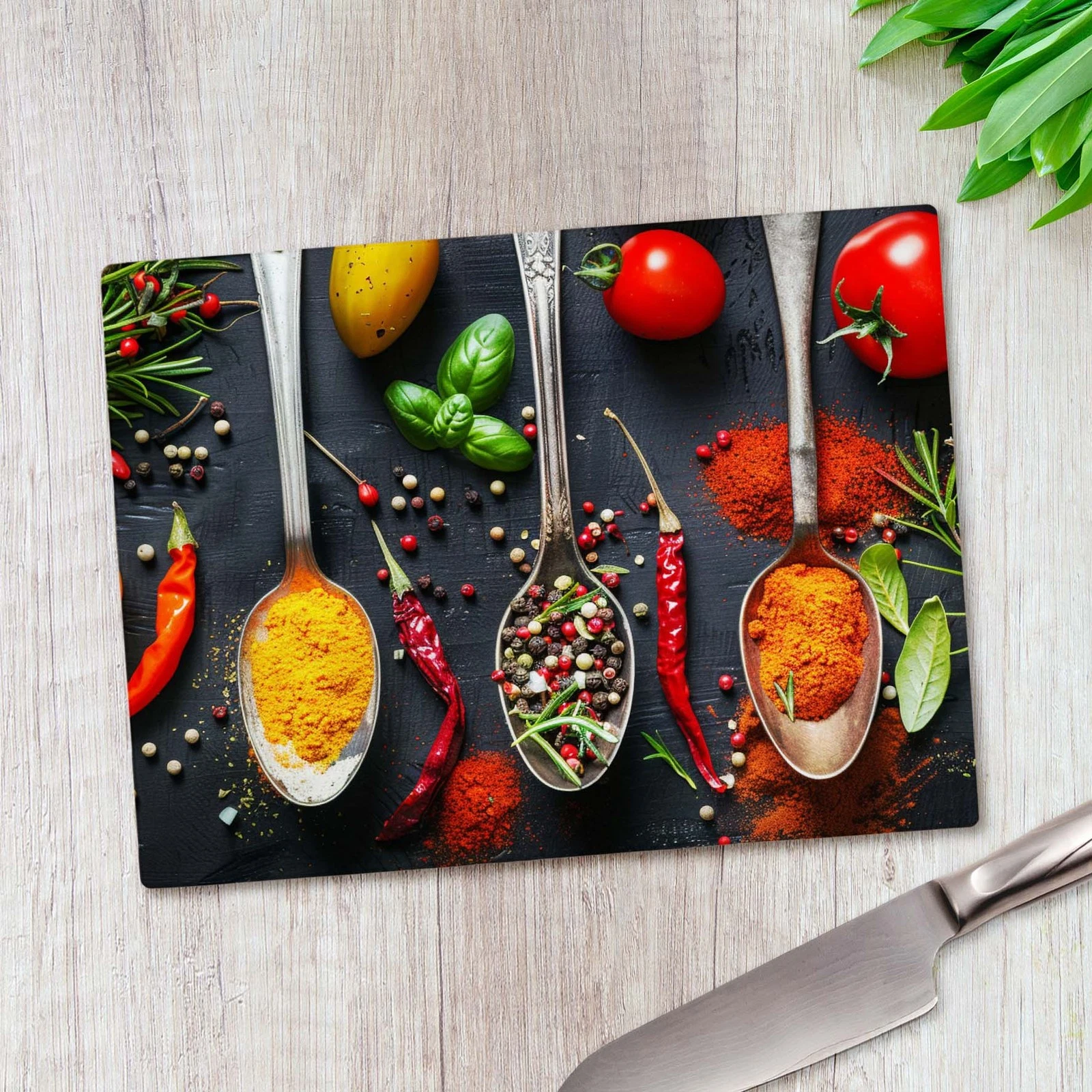 Spices Spoon and Vegetables Glass Chopping Board Large Kitchen Worktop Saver
Opens in a new window o
