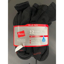 Men's Hanes 12 Pair Black Ankle Socks Size 6-12