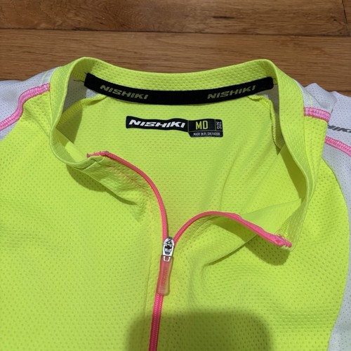 Nishiki Womens Cycling Jersey sz Medium Neon Yellow Pink White 1/2 Zip Pockets - Picture 3 of 5
