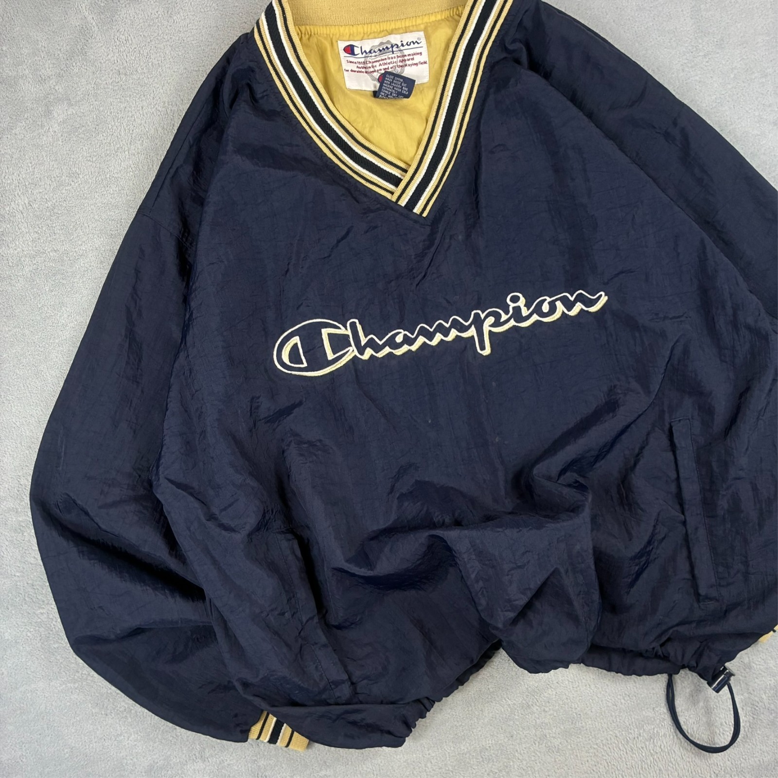 VTG Champion 1990's Navy Yellow Spellout Size XL V-Neck Shell Drill Sweatshirt image 2