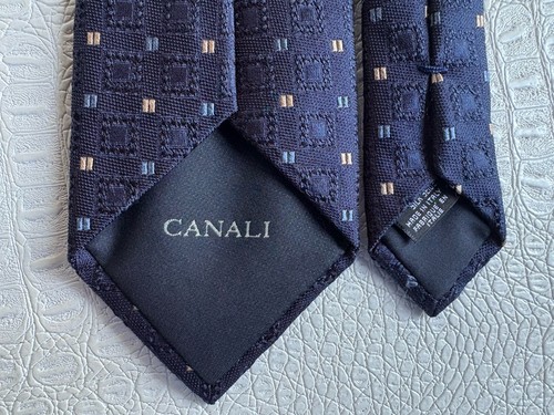Vintage Canali Krawatte reine Seide Italien geometrisch marineblau creme 3,5 x 59,5 Zoll italienisch - Bild 3 von 12