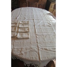 Tablecloth 8 Napkins Cream Gold  Silver Thread Holiday Christmas 60 X 56 Inches