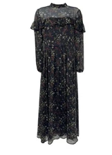 BB Dakota Dress Womens 2 Black Floral Sheer Long Sleeve Maxi Ruffle Boho Style