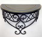 Black Wrought Iron Wall-Mounted Half-Moon Shelf With Scrollwork Design & Gold De