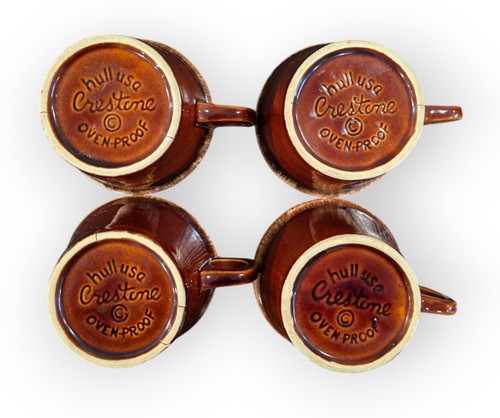 Set Of 4 Hull Pottery Brown Drip Glaze 3” Coffee Cups & 3 Hull Drip Saucers 6" - Picture 4 of 6