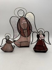 VTG Set Of 3 Stained Glass Angel Tea Light Holders 2 W/Flowers 1 Trumpet Pinks