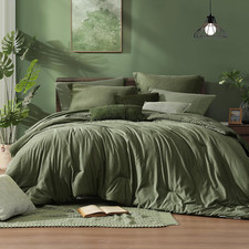 Queen Comforter Set - 7 Pieces Cationic Dyeing Olive Green Bed in a Bag Queen Be