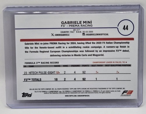 2024 Topps Chrome Formula 1 Gabriele MiniI F3 Pink Refractor /75 Prema Racing - Bild 2 von 2
