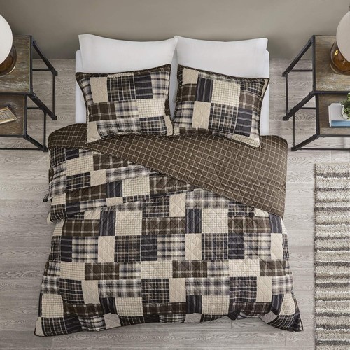 Luxury Cabin Quilt Bedspread 3 Pc Full/Queen Timber Black Brown Plaid Shams - Picture 11 of 15