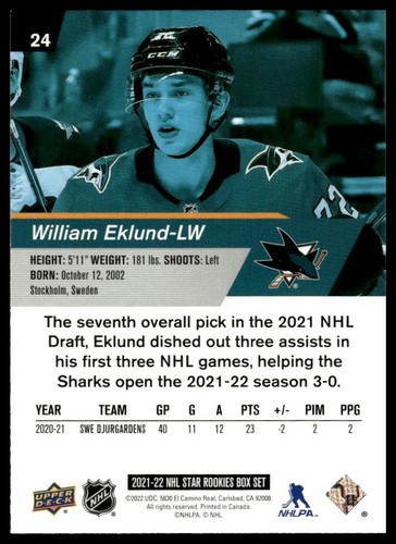 2021-22 Upper Deck NHL Star Rookies Box Set #24 William Eklund - Picture 2 of 2