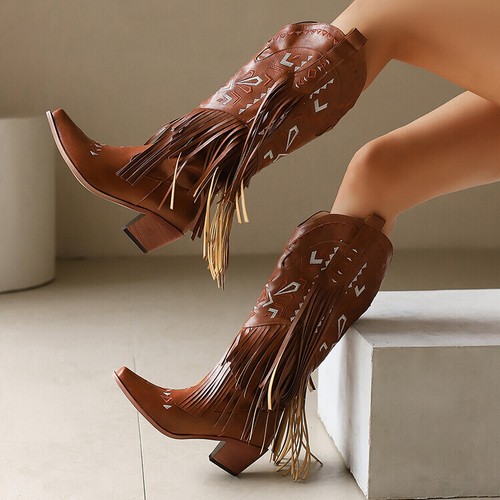 Women's Fashion Pointy Toe Embroidery Tassel Block Heel Western Boots Shoes  - Bild 3 von 15