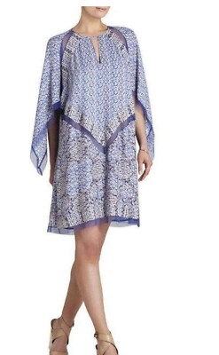 BCBGMAXAZRIA Bardot Blue printed Asymmetrical Sleeve Scarf Dress Size XS