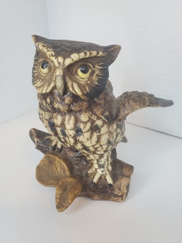 Vintage Homeco Owls Ceramic Figurines Set Of 2 Rustic Driftwood And Leaves - Picture 5 of 7