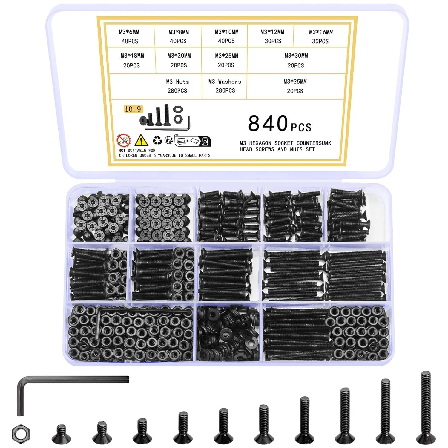 840 Pcs M3 Screws Set, Countersunk Head Hex Socket Head Cap Screws Bolts and M3