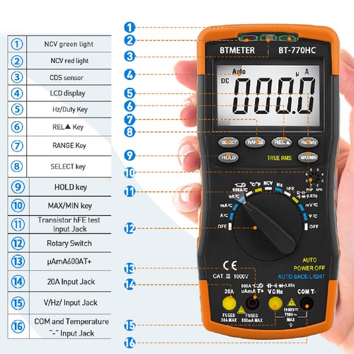 Profi Digital Multimeter 20A mit NCV TrueRMS Auto-Range Kapazität Strommesszange - Bild 6 von 17