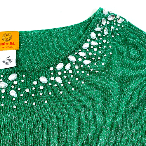 Ruby Rd Green Shimmer Sparkle Christmas Sweater Plus 3X Embellished Neckline - Picture 7 of 14