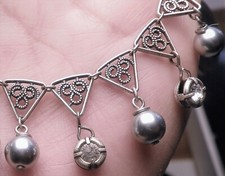 Vintage Fashion Collar Neckalce Filigree w/ CZ Faux Grey Pearl Dangles 16-18"