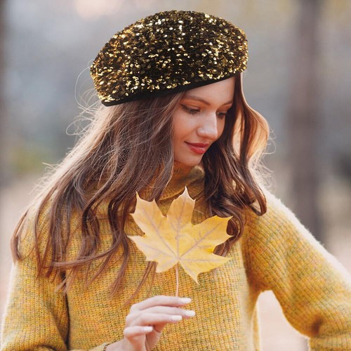 Sequin Knit Beret Women's Fall French Style Knit Beret Hat Shiny Sequin Beret... - Picture 5 of 8