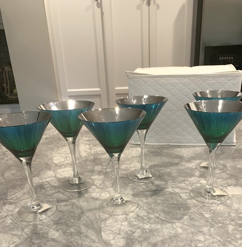 6er Set Pier 1 Imports Martini Gläser mundgeblasen blau grün Etui NOS