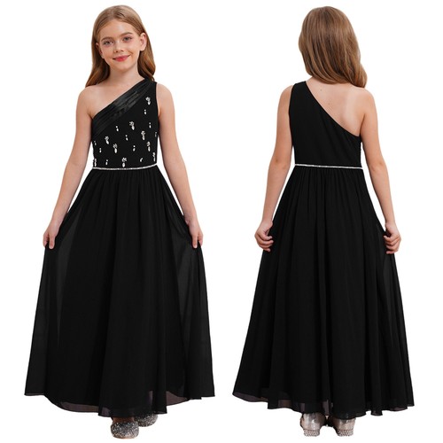 Kids One Shoulder Shiny Chiffon Formal Party Dresses for Flower Girls Wedding  - Picture 28 of 68