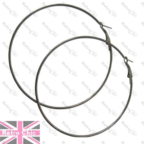 LARGE HOOP EARRINGS thin metal BIG HOOPS 10cm/9cm/8cm FASHION GOLD/SILVER/BLACK - Picture 23 of 30