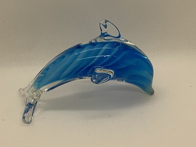 Blue Dolphin Art Glass Hand-Blown Striped 4.5'' Figure Paperweight Aquarium Decor