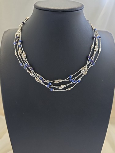 Liz Claiborne Multistrand Necklace Silvertone Blue & Silver Beaded Collar - Bild 1 von 7