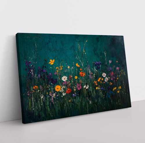 Wall Art Painting Print Teal Wildflowers Floral Home Decor, Modern Living Room - Picture 3 of 12