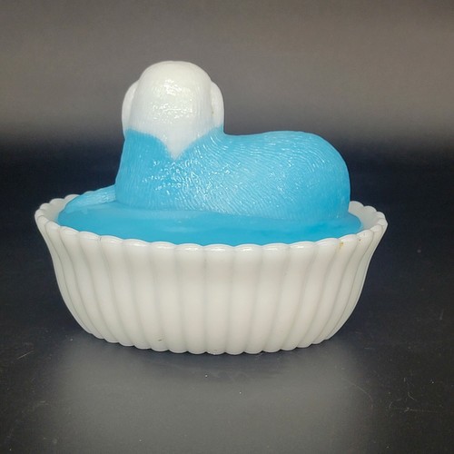 VTG Westmoreland Milk Glass Dog Puppy Vertical Rib Base 5" Blue Covered Dish - Imagen 5 de 23