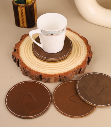 Handmade Leather Coasters Drinks - Set of 6 Modern Cup Coaster for Coffee ,Wine - Picture 3 of 4