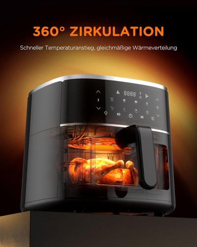 Tomons Heißluftfritteuse 6L Airfryer Backofen Fritteuse Grill 1500W Sichtfenster - Bild 3 von 10