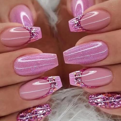 Coffin Press on Nails French Tip Coffin French Tip Short Medium Purple Pink - Picture 1 of 7
