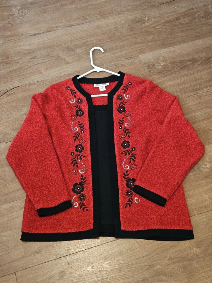 Cathy Daniels красный/черный женщин Sz XL два fer слой свитер вышивка блестки - Изображение 2 из 4