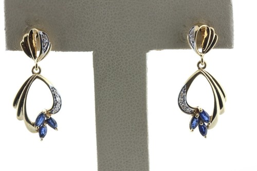 14K Yellow Gold Sapphire Cluster and Diamond Accented Dangle Post Earrings - Picture 4 of 7