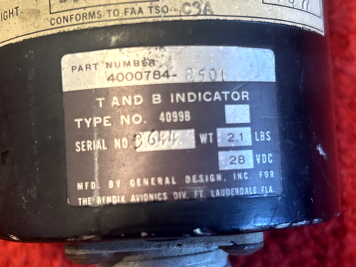 GENERAL DESIGN TYPE 4099B 28V TURN AND BANK INDICATOR P/N 40000784-8501 BENDIX - Picture 5 of 9