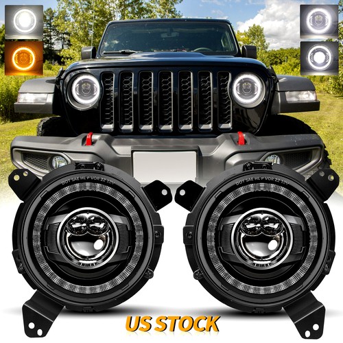 2018-25 For Jeep Wrangler JL Pair Halo LED Round Headlights Bracket Combo Kit H4 - Picture 1 of 15