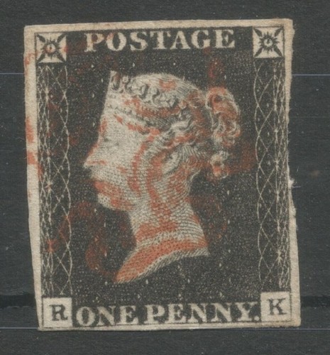 GB QV 1840 Penny schwarz, ((RK), fast 4 Ränder, FEIN gebraucht ROT Malteserkreuz