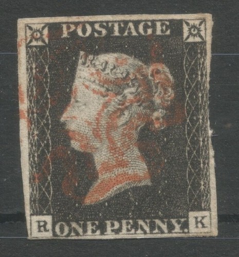 GB  QV 1840 Penny Black , ((RK) ,almost 4  Margins, FINE Used RED Maltese Cross - Picture 1 of 2