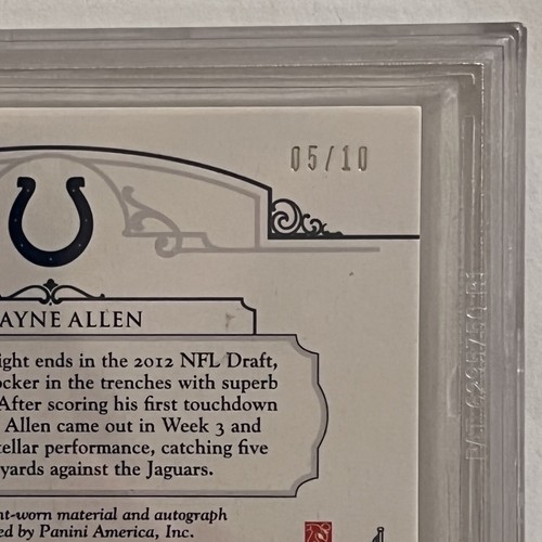 2012 National Treasures Rookie Laundry Tag Auto Dwayne Allen /10 BGS 9 / Auto 10 - Picture 4 of 4